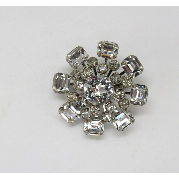 Vintage Rhinestone Brooch 1.5" Silver Tone Clear Round Square Stones Floral Pin - Picture 6 of 12
